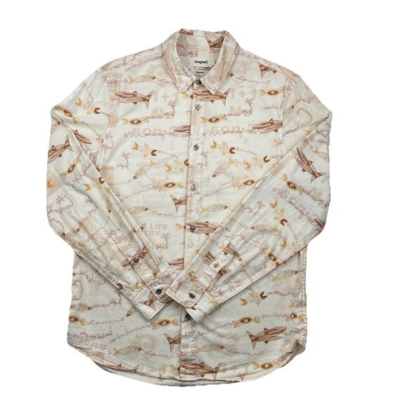 Desigual Mens Dress Button Up Shirt Trout Print Cream-M - Picture 4 of 12